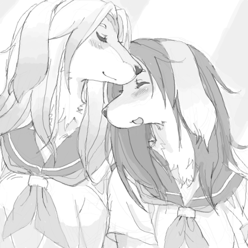 1:1 afghan_hound anthro blush canid canine canis clothed clothing domestic_dog duo eyes_closed female fur hair hunting_dog kikurage long_hair mammal monochrome open_mouth school_uniform sighthound uniform // 600x600 // 180.2KB