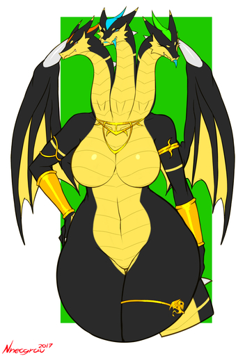 2017 3_heads andrea_lexin anthro big_breasts black_body black_sclera blue_eyes blue_tongue breasts cerberus_conjoinment claws conjoined curvy_figure dragon eyelashes eyes_closed fangs featureless_breasts featureless_crotch female green_background hand_on_hip hi_res hydra jewelry looking_at_viewer membrane_(anatomy) membranous_wings multi_head navel necklace nnecgrau non-mammal_breasts nude one_eye_closed pose red_eyes scalie simple_background smile solo spikes standing thick_thighs tongue tongue_out voluptuous white_background wide_hips wings yellow_body // 880x1280 // 550.0KB