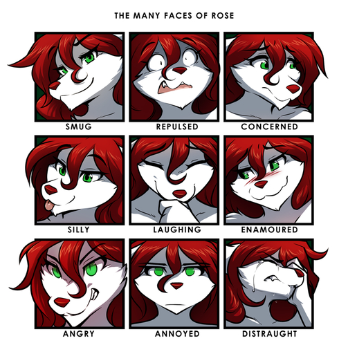 2020 angry annoyed anthro blep blush bodily_fluids canid canine canis clenched_teeth concerned conditional_dnp crying disgust english_text eyes_closed female fur green_eyes grin hair keidran laugh looking_aside looking_at_viewer mammal model_sheet red_hair roselyn_(twokinds) smile smirk solo stare tears teeth text tom_fischbach tongue tongue_out twokinds webcomic webcomic_character white_body white_fur wolf // 751x764 // 353.3KB