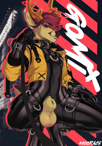 absurd_res animal_genitalia ankle_cuffs anthro antlers balls bdsm cervid clothing collar cuff_(restraint) dominant dominant_male fangs first_person_view freckles genitals gomi hand_on_leg hand_on_thigh harness hi_res horn inner_ear_fluff jacket leash leashed_pov lindelon looking_at_viewer male mammal narrowed_eyes purple_eyes restraints rubber rubber_clothing rubber_suit sheath solo straps submissive submissive_pov techwear thigh_cuffs topwear tuft wrist_cuffs // 5461x7764 // 9.5MB