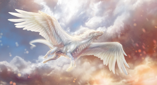 2019 ambiguous_gender claws curved_horn day digital_media_(artwork) dragon feathered_dragon feathered_wings feathers flying hi_res horn isvoc outside solo white_body white_feathers wings // 1600x867 // 1.4MB