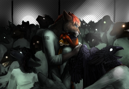 anthro araivis-edelveys avian beak bird black_body black_feathers black_fur black_lips black_nose blue_eyes canid canine canis chainlink clothing corvid corvus_(genus) crow crowd detailed_background fangs feathered_wings feathers felid fur glowing glowing_eyes group hair hi_res highlights_(coloring) hug hybrid liger lion lips mammal multicolored_hair oscine pantherine passerine pink_nose red_hair snarling teeth two_tone_hair uniform white_body white_fur white_highlights wings wolf yellow_body yellow_fur // 1800x1240 // 1.1MB