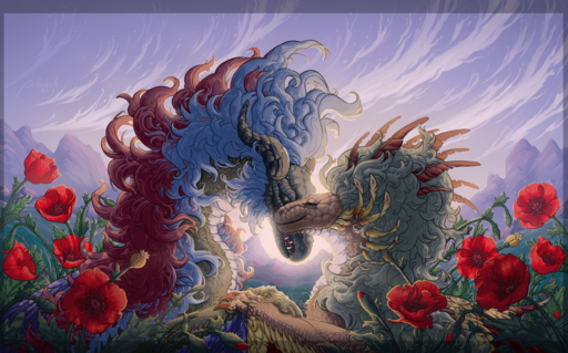 2019 blue_hair day detailed_background digital_media_(artwork) dragon feathered_dragon feathered_wings feathers fur furred_dragon green_hair hair hi_res open_mouth outside polunoch red_hair sky teeth tongue wings // 2508x1562 // 4.7MB