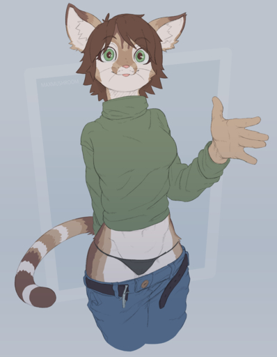 absurd_res anthro belt blep bottomwear breasts clothed clothing denim denim_clothing digital_media_(artwork) domestic_cat felid feline felis female front_view fur green_eyes grey_background hair hand_behind_back helia_peppercats_(wrinklynewt) hi_res jeans looking_at_viewer mammal maxmushroom panties pants pants_down partially_clothed portrait ringtail simple_background solo three-quarter_portrait tongue tongue_out turtleneck underwear v-cut whiskers // 3501x4500 // 2.2MB