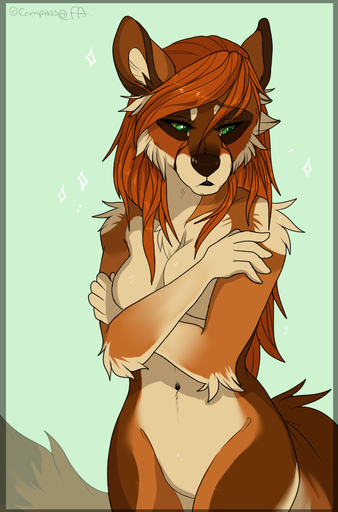 5_fingers anthro border breasts brown_body brown_fur brown_hair canid canine canis compass_(artist) covering covering_breasts covering_self crossed_arms featureless_crotch female fingers front_view fur green_border green_eyes hair looking_aside mammal nude solo standing tan_body tan_fur wide_hips wolf // 626x949 // 256.3KB