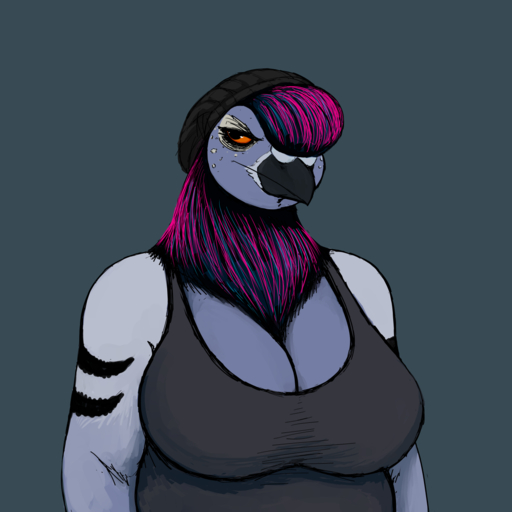 1:1 anthro avian beak beanie big_breasts bird breasts cleavage clothed clothing columbid female front_view grey_background half-length_portrait hat headgear headwear hi_res hladilnik looking_at_viewer monochrome non-mammal_breasts pidge_sis pigeon portrait shirt simple_background solo tank_top topwear // 1280x1280 // 531.8KB