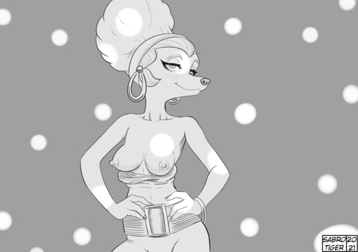 2021 anthro areola biped breasts canid canine clothing ear_piercing ear_ring female mammal monochrome nipples piercing sabrotiger solo sylvia_marpole // 1530x1080 // 144.6KB
