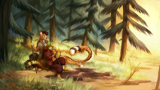 2020 anthro cheetah clothed clothing day detailed_background digital_media_(artwork) felid feline forest grass green_hair hair male mammal outside plant smile taur tree zephra // 1080x608 // 1.0MB