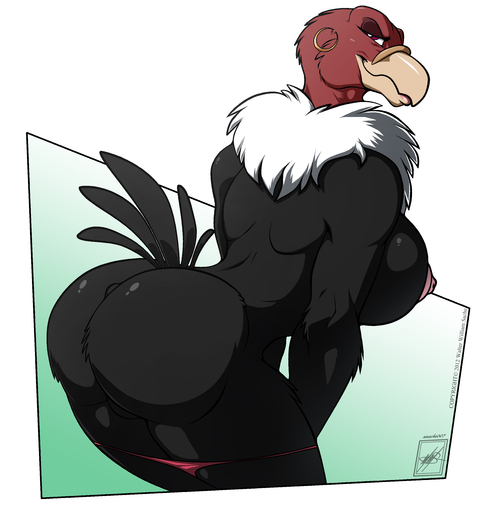 2012 absurd_res accipitriform anthro anus avian beak bedroom_eyes bent_over big_breasts big_butt bird black_body black_fur breasts butt chest_tuft clothing colored curvy_figure ear_piercing female fur half-closed_eyes hi_res huge_breasts looking_at_viewer looking_back narrowed_eyes nipples non-mammal_breasts panties panties_down piercing pose presenting presenting_hindquarters rear_view red_eyes seductive simple_background small_waist smile solo tuft underwear underwear_down undressing voluptuous vulture walter_sache // 7410x7770 // 6.9MB