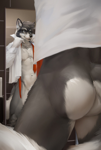 2018 abs anthro bathroom bottomless butt canid canine canis chunie claws clothed clothing detailed_background digital_media_(artwork) dress_shirt edit eyewear fur glasses grey_body grey_fur grey_hair hair hi_res looking_at_mirror looking_at_object male mammal mirror muscular muscular_anthro muscular_male navel necktie open_clothing open_shirt open_topwear shirt smile solo standing topwear white_body white_fur wolf // 840x1252 // 157.0KB