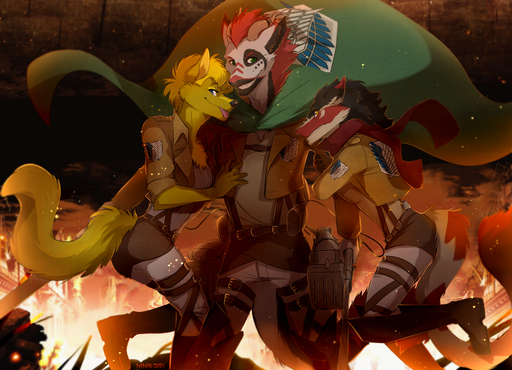 anthro attack_on_titan belt boots canid canine cape cloak clothed clothing female fire footwear fox group harness hihikori looking_at_viewer male mammal melee_weapon scarf sergal standing sword teeth tongue tongue_out weapon // 1271x919 // 2.0MB