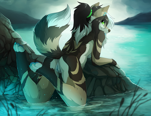2015 african_wild_dog all_fours anthro anus biped blue_pussy breasts butt calves_up canid canine claws detailed_background ear_piercing female fur genitals green_eyes hair hioshiru lagoon looking_at_viewer looking_back lying mammal nude on_front partially_submerged pawpads piercing ponytail pussy raised_tail rear_view scenery side_boob smile solo toe_claws tongue tongue_out water wet // 1150x887 // 1.1MB