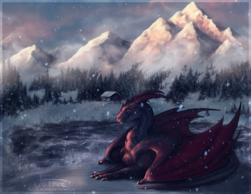 2017 arsauron building cabin claws curved_horn day digital_media_(artwork) dragon feral hi_res horn house lake membrane_(anatomy) membranous_wings mountain outside plant red_body red_eyes red_scales scales scalie sitting sky snow snowing solo tree western_dragon wings // 1684x1305 // 3.7MB