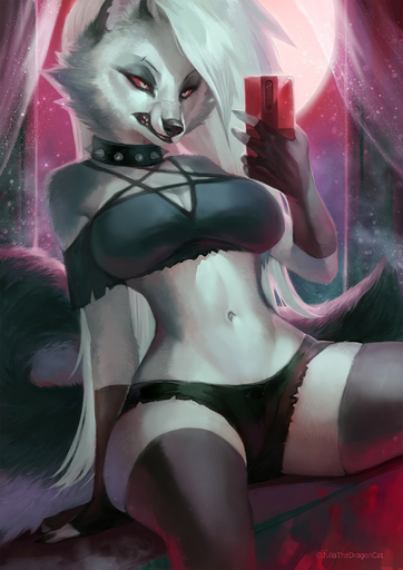 2021 anthro biped black_clothing black_collar black_lips black_nose bottomwear canid canid_demon clothed clothing collar crop_top demon digital_media_(artwork) eyebrow_piercing facial_piercing female fur hair hellhound helluva_boss hi_res holding_object holding_phone humanoid_hands juliathedragoncat legwear lips long_hair loona_(vivzmind) mammal midriff navel phone piercing red_sclera shirt shorts sitting solo spiked_collar spikes teeth thigh_highs topwear white_body white_fur white_hair // 1500x2122 // 578.5KB