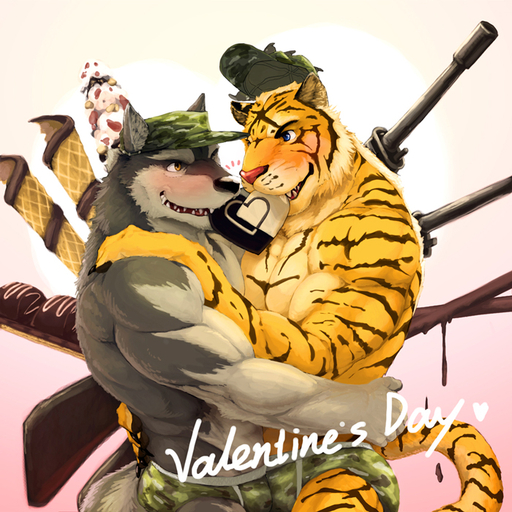 1:1 2010 <3 anthro army barazoku biceps big_muscles bite blush briefs bulge camo candy canid canine canis chewing chocolate clothed clothing dessert domestic_dog duo embrace eye_contact face_to_face fangs felid food furgonomics grin gun hat headgear headwear holidays hug intimate looking_at_another love male malemale mammal military muscular muscular_male null-ghost null-ghost_(character) pantherine pecs pose ranged_weapon romantic romantic_couple simple_background smile standing tiger underwear weapon were werecanid werecanine werewolf white_background wolf // 700x700 // 383.0KB