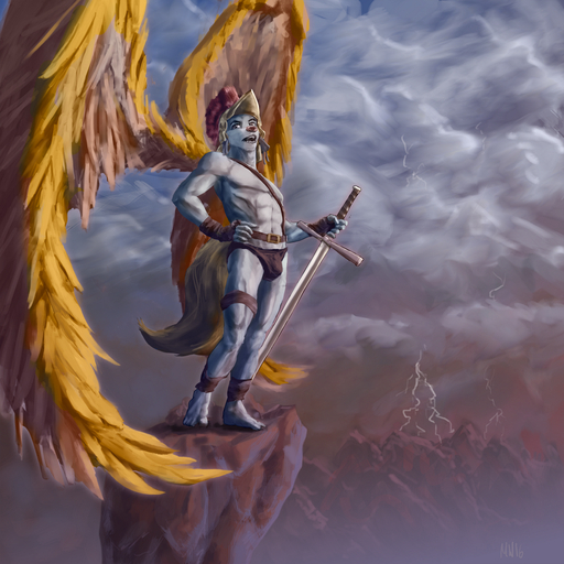 1:1 abs angel anthro armor baldric belt biceps bottomwear bulge canid canine canis classical clothing feathered_wings feathers flirting hand_on_hip headgear helmet hi_res landscape lightning loincloth male mammal marsonaut melee_weapon muscular muscular_anthro muscular_male pecs solo storm sword two_handed_sword underwear weapon wings wolf // 1280x1280 // 2.3MB