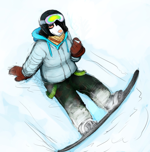 anthro black_hair canid canine canis clothing coat domestic_dog drugs eyewear female gloves goggles hair handwear hi_res high-angle_view hladilnik mammal marijuana michelle_(hladilnik) pink_eyes pink_nose smile snow snowboard solo stoned substance_intoxication topwear // 1257x1280 // 1.4MB