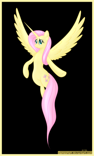 2013 absurd_res alpha_channel border cutie_mark equid equine feathered_wings feathers female feral fluttershy_(mlp) green_eyes hair hi_res horn horse jameshalt looking_at_viewer mammal pink_hair simple_background smile solo text transparent_background winged_unicorn wings yellow_body yellow_border // 5200x8600 // 3.5MB