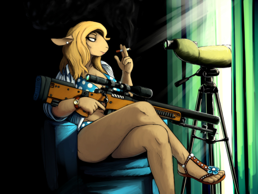 2017 4:3 anthro big_breasts biped blonde_hair boss_lamb_(hladilnik) bovid bra breasts caprine chair cigarette cleavage clock clothed clothing colored crossed_legs curtains domestic_sheep ear_piercing feet female footwear furniture gun hair hladilnik holding_gun holding_object holding_weapon inside mammal navel open_clothing open_shirt open_topwear panties piercing ranged_weapon rifle sandals sheep shirt sitting smile smoking sniper_rifle solo spots suitcase telescope toes topwear trigger_discipline tripod underwear watch weapon // 1280x960 // 1.1MB