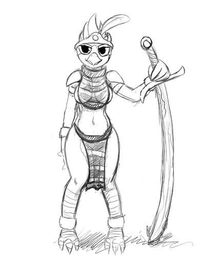 4:5 absurd_res alien anthro avian avian_(starbound) black_and_white bottomwear breasts clothing female headdress hi_res hladilnik holding_object holding_sword holding_weapon loincloth melee_weapon monochrome navel non-mammal_breasts solo starbound sword video_games weapon // 2400x3000 // 1.2MB