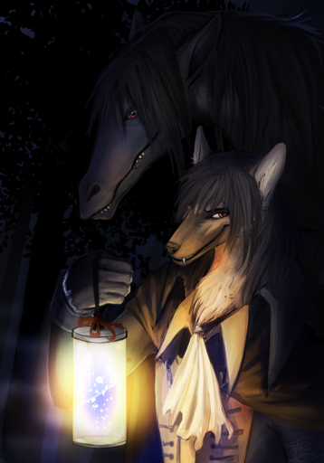 anthro araivis-edelveys black_hair brown_eyes brown_nose canid canine canis clothed clothing domestic_dog duo forest hair lantern mammal night outside plant smile standing tree // 700x1000 // 637.2KB