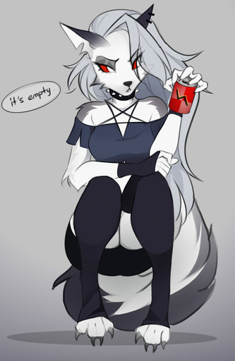 anthro beverage_can bottomwear can canid canid_demon claws clothing demon dialogue ear_piercing english_text female fur gloves grey_body grey_fur hair handwear hellhound helluva_boss hi_res holding_object jewelry l1s14ka legwear loona_(vivzmind) mammal multicolored_body multicolored_fur necklace piercing shorts sitting solo stockings text two_tone_body two_tone_fur white_body white_eyes white_fur white_hair // 833x1280 // 132.1KB