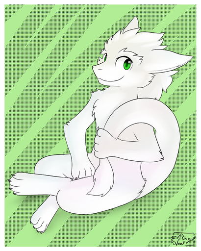 2020 4:5 4_fingers 4_toes absurd_res anthro border digital_media_(artwork) dragon feet fingers fur green_eyes hi_res hybrid looking_at_viewer male sergal smile solo toes vennightsky vensicle white_body white_border white_fur // 2880x3600 // 2.0MB