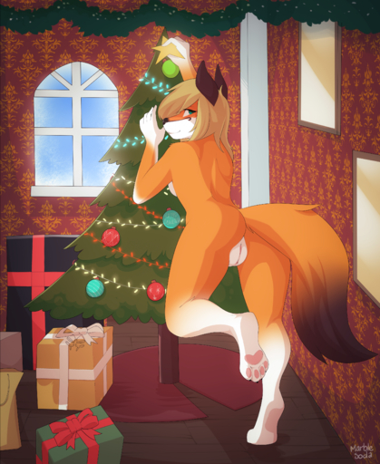2016 absurd_res anthro biped blonde_hair blue_eyes butt canid canine christmas_present christmas_tree digital_media_(artwork) feet female fox fur genitals green_eyes hair hi_res holidays looking_back mammal marblesoda nude pawpads paws plant presenting pussy red_fox sabrena_valiche smile solo tree vulpes window // 3000x3664 // 9.9MB