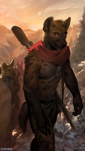 2021 abs anthro arquebus athletic black_body black_fur brown_body brown_fur chunie clothed clothing detailed_background digital_media_(artwork) forest fur group gun hi_res hyaenid male mammal mountain musket nipples outside plant ranged_weapon rifle solo_focus spotted_hyena tan_body tan_fur topless tree weapon // 726x1280 // 485.1KB