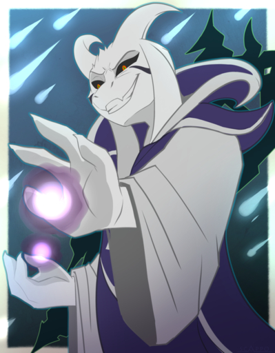 2015 4_fingers anthro asriel_dreemurr_(god_form) black_sclera boss_monster bovid caprine clothed clothing conditional_dnp eyebrows fingers fur gradient_background green_eyes grin hi_res horn long_ears magic male mammal meteor_shower orange_eyes robe scappo simple_background smile solo teeth undertale video_games white_body white_fur // 1013x1300 // 966.5KB