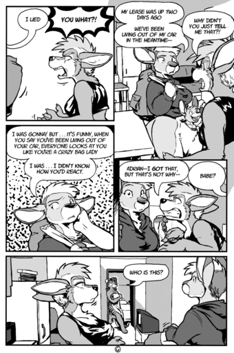 2014 adrian_gray ali_gray anthro bottomless canid canine canis casual_exposure clothed clothing comic dasyuromorph digital_media_(artwork) english_text female hildegard_rothschild kangaroo macropod mammal marsupial monochrome mother mother_and_child mother_and_son olivia_van_der_sar parent parent_and_child rick_griffin son speech_bubble text thylacine wolf // 699x1054 // 480.0KB