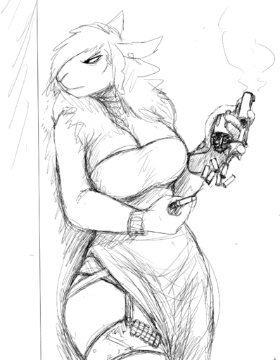2019 ammunition angry anthro big_breasts black_and_white boss_lamb_(hladilnik) bovid breasts caprine cleavage clothed clothing domestic_sheep dress female frown garter_straps gun handgun hi_res hladilnik holding_gun holding_object holding_weapon legwear looking_away mammal monochrome ranged_weapon reloading revolver sheep side_slit simple_background sketch solo thigh_highs weapon white_background // 1280x1646 // 698.9KB