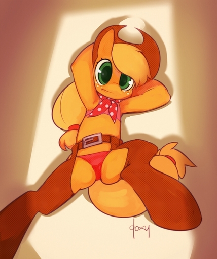 anthro anthrofied applejack_(mlp) belt biped chaps clothed clothing doxy earth_pony equid equine female green_eyes horse looking_at_viewer lying mammal on_back panties pony raised_arm solo spread_legs spreading underwear // 836x1000 // 288.8KB
