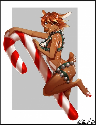 2014 anthro bell blonde_hair blue_eyes breasts brown_body brown_fur brown_hair brown_nose candy candy_cane capreoline cervid christmas cleavage clothed clothing dessert female food fur grey_background hair hi_res holidays horn looking_at_viewer mammal micro multicolored_body multicolored_fur multicolored_hair reindeer short_hair simple_background skimpy smile solo thick_thighs two_tone_body two_tone_fur two_tone_hair vexstacy white_background white_body white_fur wide_hips // 984x1280 // 141.6KB