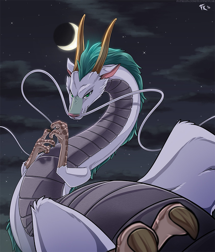 2016 asian_mythology claws dragon east_asian_mythology eastern_dragon feral fluff-kevlar ghibli green_eyes green_hair hair haku_(spirited_away) horn male moon mythology night scales solo spirited_away whiskers // 876x1029 // 258KB