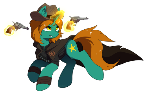 brown_hair clothed clothing cutie_mark equid equine fan_character female feral green_eyes gun hair hi_res hioshiru horn horse magic mammal ranged_weapon simple_background solo teeth unicorn weapon white_background yellow_eyes // 1980x1276 // 549.7KB