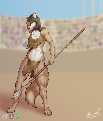 2017 abs absurd_res anthro arena bottomwear bra breasts canid canine canis chest_tuft claws clothed clothing collar coyote crowd female fur green_eyes group hair hi_res holding_object holding_weapon inner_ear_fluff jessica_vega loincloth mammal melee_weapon multicolored_body multicolored_fur muscular muscular_female outside polearm reaper3d simple_background solo_focus spear standing toe_claws tuft two_tone_body two_tone_fur underwear weapon // 2040x2400 // 1.6MB