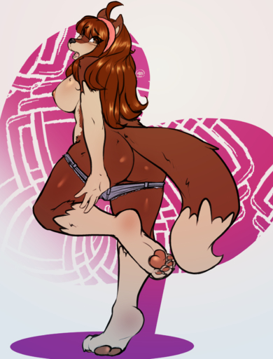 2016 anthro avante92 breasts brown_body brown_eyes brown_fur brown_hair butt canid canine canis clothing domestic_dog female fur hair hi_res hindpaw long_hair looking_back mammal nipples panties pawpads paws side_boob simple_background solo underwear // 1280x1682 // 988KB