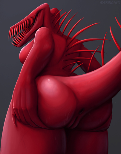 2019 absurd_res anthro anus bodily_fluids breasts butt claws digital_media_(artwork) female genitals grey_background hi_res holding_butt keadonger low-angle_view monster nude presenting pussy red_body red_skin scp-939 scp_foundation sharp_teeth side_boob signature simple_background solo sweat teeth text // 3382x4277 // 10.2MB