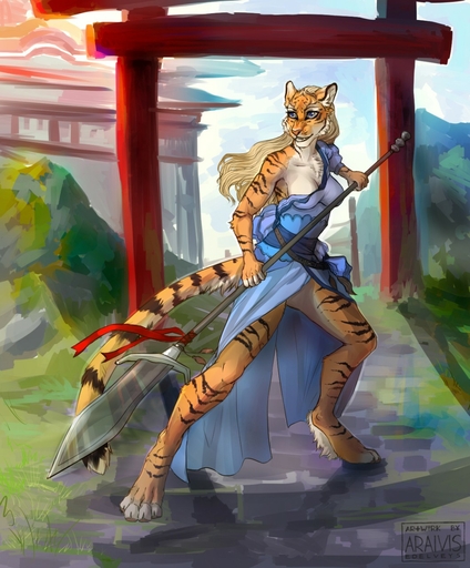 4_toes anthro araivis-edelveys biped blonde_hair blue_eyes breasts clothed clothing day detailed_background digitigrade dress feet felid female fur glaive hair hi_res hindpaw holding_object holding_weapon long_hair mammal melee_weapon orange_body orange_fur outside pantherine paws polearm smile solo spear standing striped_body striped_fur stripes tiger toes torii weapon // 1059x1280 // 256.2KB