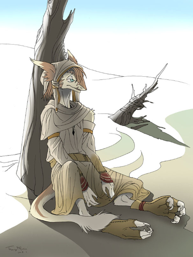 2008 3:4 ambiguous_gender anthro biped claws clothing desert headdress mammal mick39 outside plant resting robe sand scar sergal shade_(disambiguation) shemagh sitting sky solo thawb tree wood // 606x808 // 100.7KB