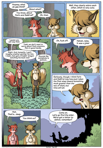 7:10 anthro biped canid canine cheek_tuft chest_tuft clothed clothing comic covered_eyes day dialogue digital_media_(artwork) digitigrade duo english_text facial_tuft forest fox fur geminisaint grass half_naked head_tuft hi_res male mammal multicolored_body navel nipples open_mouth pawpads paws plant porah red_body red_fur red_nose shrub silhouette slightly_chubby standing surin tan_body tan_fur text tongue topless tree tuft two_tone_body walking // 896x1280 // 528.9KB