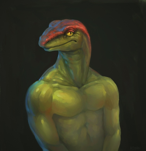 abstract_background ambiguous_gender anthro front_view gecko green_body grey_background half-closed_eyes half-length_portrait hi_res klongi lizard long_mouth looking_at_viewer muscular muscular_ambiguous muscular_anthro narrowed_eyes no_sclera nude portrait pupils red_body reptile scalie simple_background slit_pupils snout solo yellow_eyes // 1238x1280 // 260.7KB
