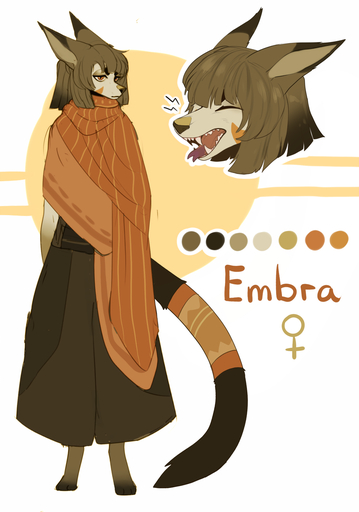 anthro biped brown_eyes brown_hair canid canine clothed clothing digitigrade felid female forked_tongue hair hi_res hioshiru hybrid mammal model_sheet open_mouth simple_background solo standing tan_nose teeth tongue // 897x1280 // 387.9KB