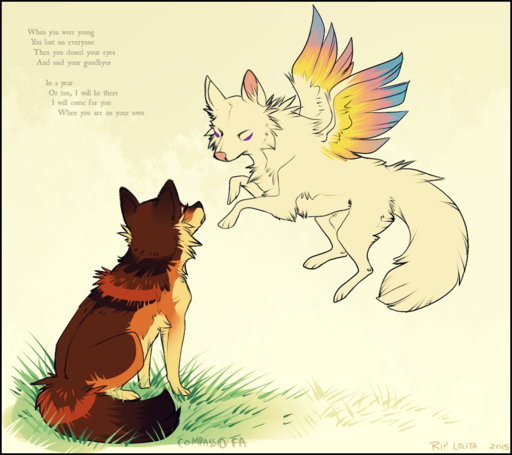 2015 ambiguous_gender black_border border brown_body brown_fur canid canine canis compass_(artist) duo english_text eyes_closed feathered_wings feathers feral flying fur grass mammal orange_body orange_fur pink_nose plant poem simple_background sitting text white_background wings wolf // 906x806 // 475.6KB