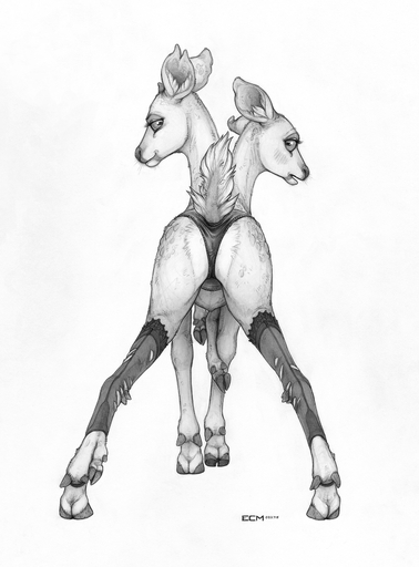 2018 2_heads bethesda_softworks butt cervid clothed clothed_feral clothing conjoined conjoined_twins dicephalous ecmajor eyelashes fallout female feral furgonomics graphite_(artwork) greyscale hi_res hooves legwear looking_at_viewer looking_back mammal monochrome multi_head multi_limb open_mouth panties pencil_(artwork) presenting presenting_hindquarters radstag_(fallout) raised_tail rear_view sibling simple_background sister sisters solo stockings tail_clothing traditional_media_(artwork) twins underwear video_games white_background // 1264x1712 // 1.6MB