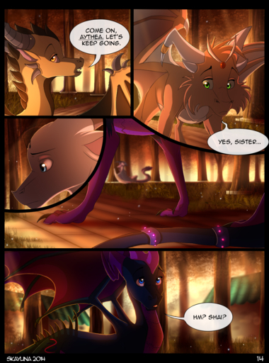 2014 blue_eyes comic dragon english_text feral forest grass green_eyes hi_res horn membrane_(anatomy) membranous_wings outside plant scalie skaydie spines standing text tree western_dragon wings // 940x1265 // 1.3MB