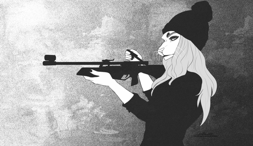 anthro catherinemeow claws clothed clothing detailed_background domestic_cat felid feline felis female fur gun hair hat headgear headwear holding_object holding_weapon mammal monochrome ranged_weapon rifle solo weapon white_body white_fur // 1280x737 // 411KB