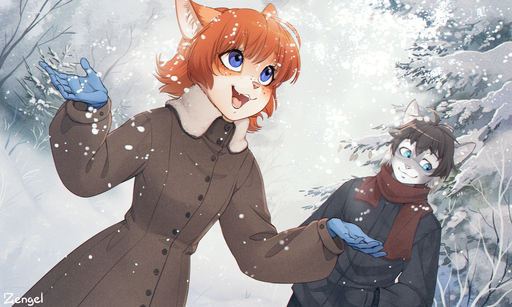 2016 5:3 anthro blue_eyes brown_hair clothed clothing cute_fangs digital_media_(artwork) domestic_cat duo edgar_(iskra) felid feline felis female freckles fur gloves grey_body grey_fur hair hands_in_pockets handwear iskra jacket male mammal open_mouth open_smile orange_body orange_fur orange_hair outside pink_nose plant pockets scarf shaded smile snow snowing story story_in_description tabby_cat topwear tree vera_(iskra) whiskers white_body white_fur winter // 1200x720 // 1.4MB