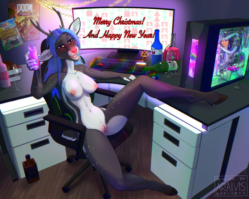 2020 5:4 5_fingers anthro araivis-edelveys areola blue_hair breasts cervid christmas digital_media_(artwork) english_text female fingers genitals hair holiday_message holidays hooves mammal nipples open_mouth pussy red_eyes smile solo teeth text tongue // 1280x1024 // 372.3KB